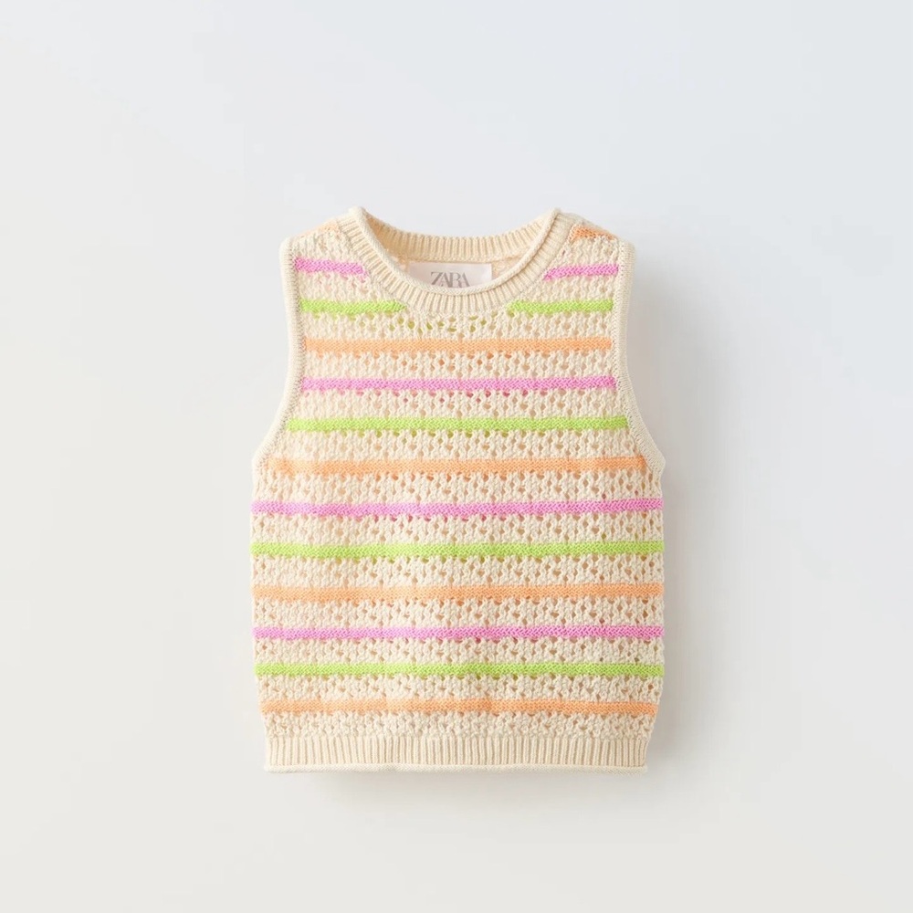 Zara Cream Crochet Knit Vest with Pink, Peach & Lime Stripes